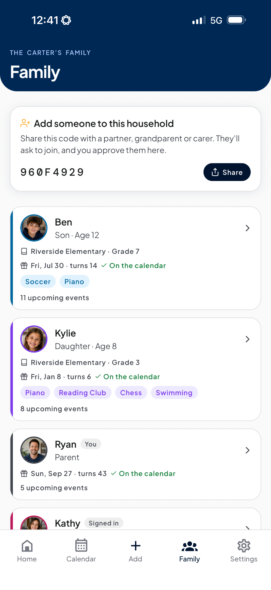 FamilyCue app — Family — one household, one join code