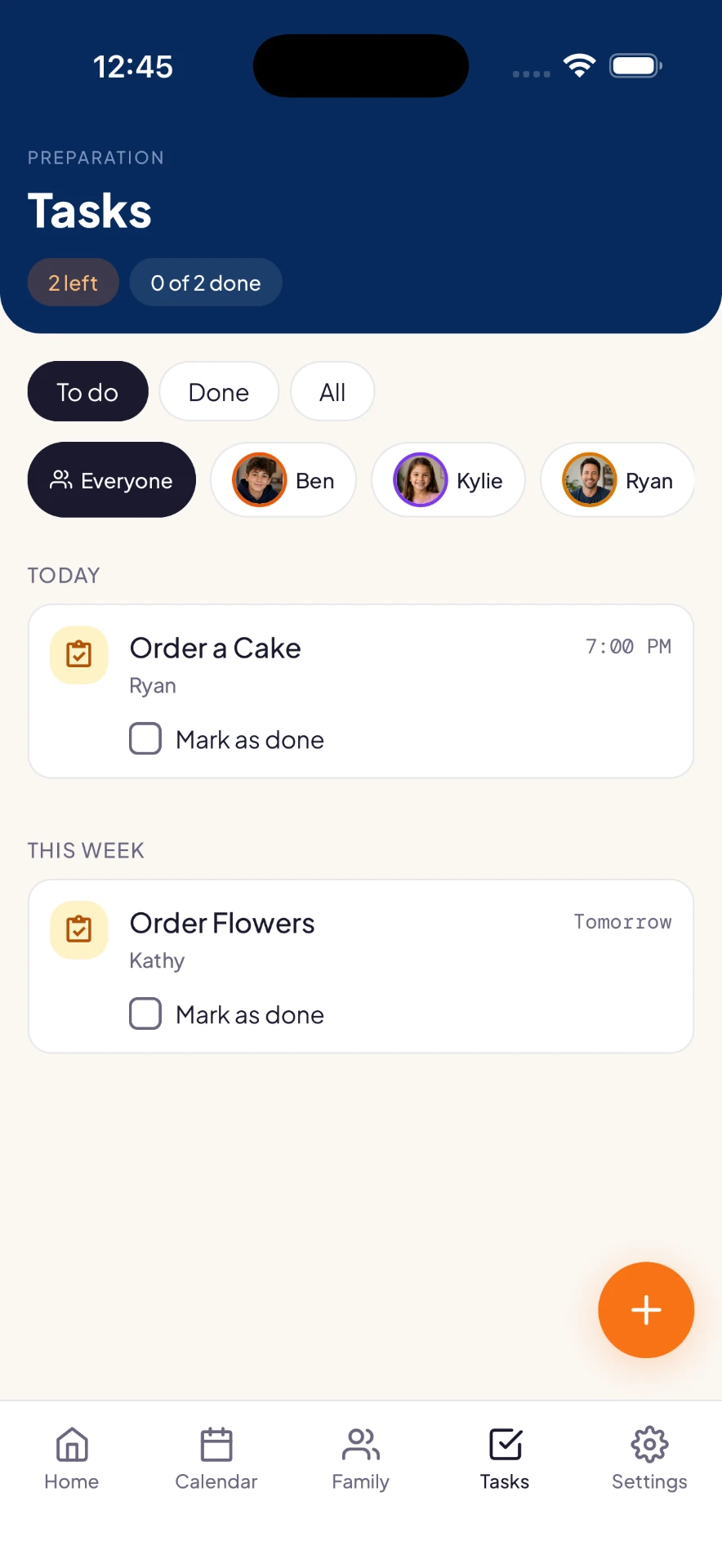 FamilyCue app — Tasks — the prep, ticked off