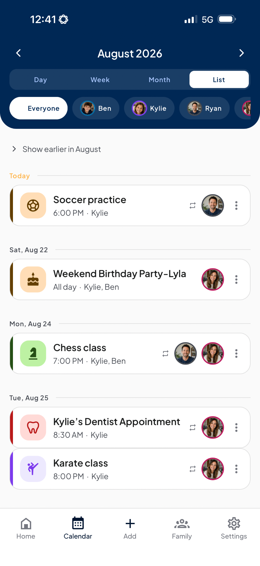 FamilyCue app — Calendar — day, week, month or list