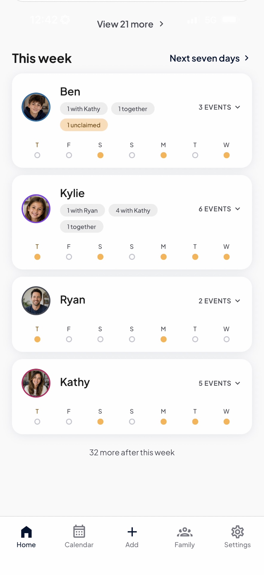 FamilyCue app — This week — per person, colour-coded