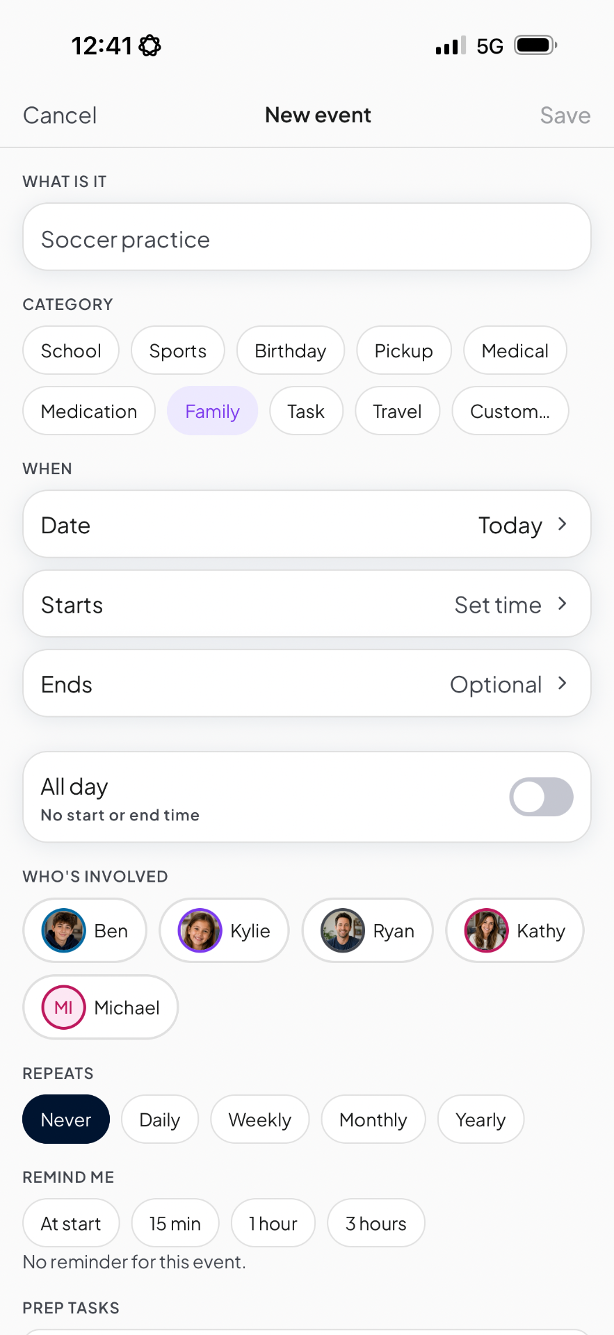 FamilyCue app — New event — categories and repeats