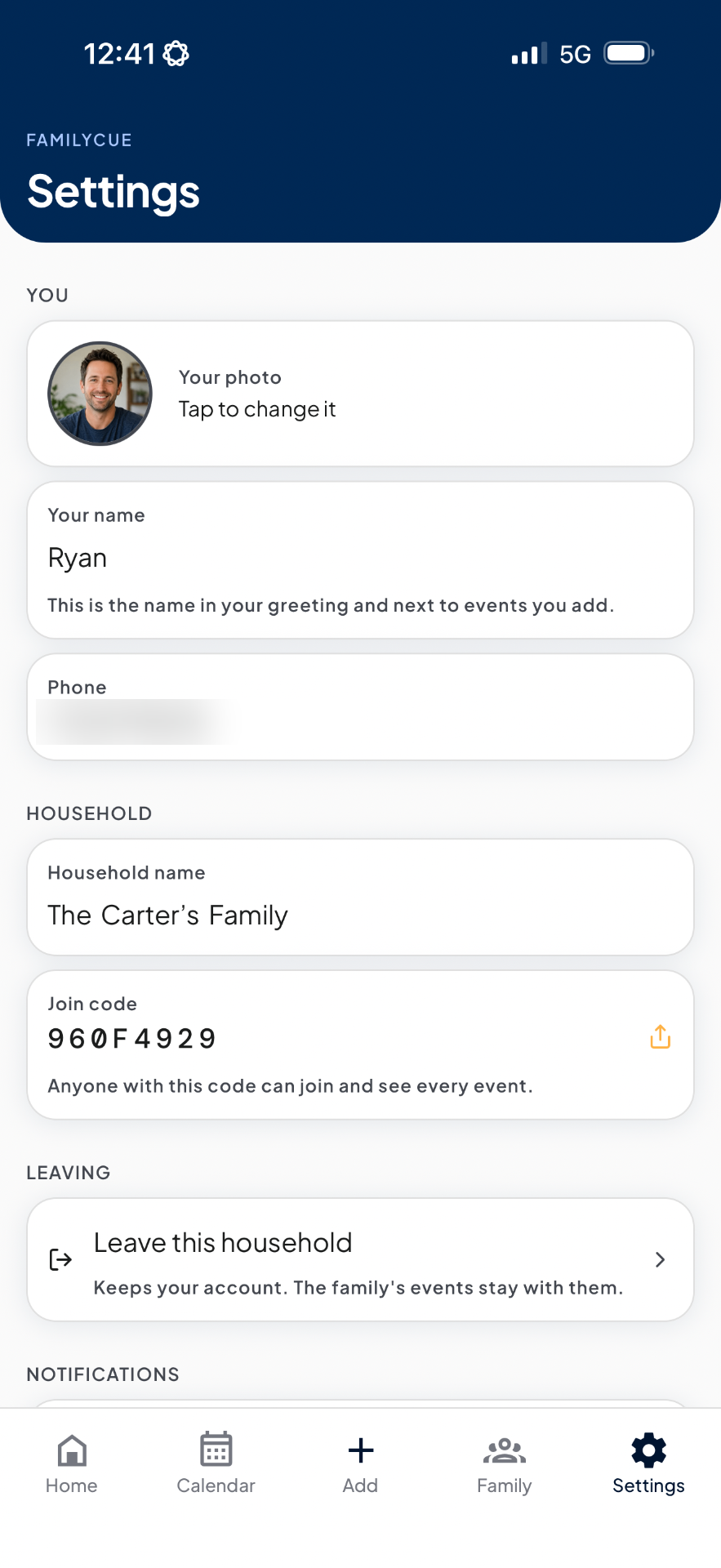 FamilyCue app — Settings — reminders on your terms