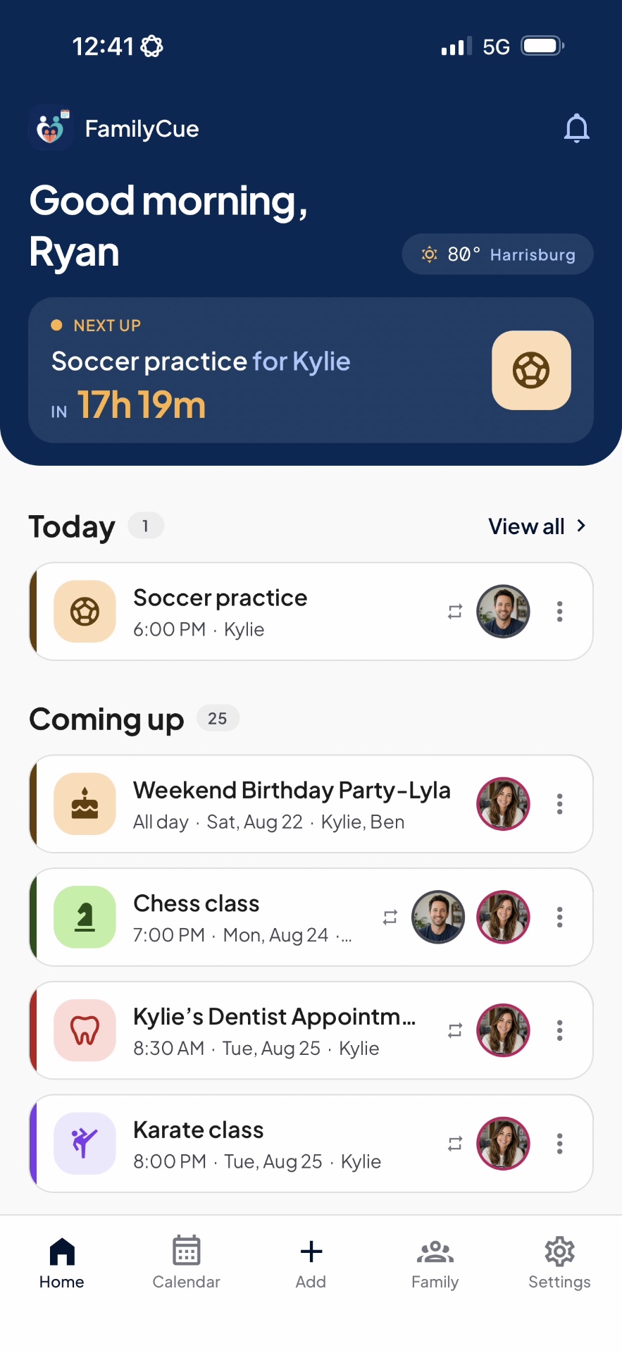 FamilyCue app — Home — what's next, at a glance